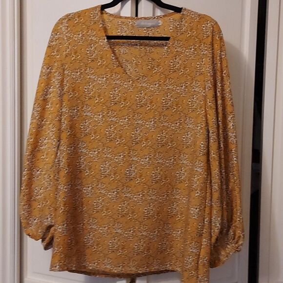 Golden yellow v neck boho blouse long sleeve - Picture 2 of 9